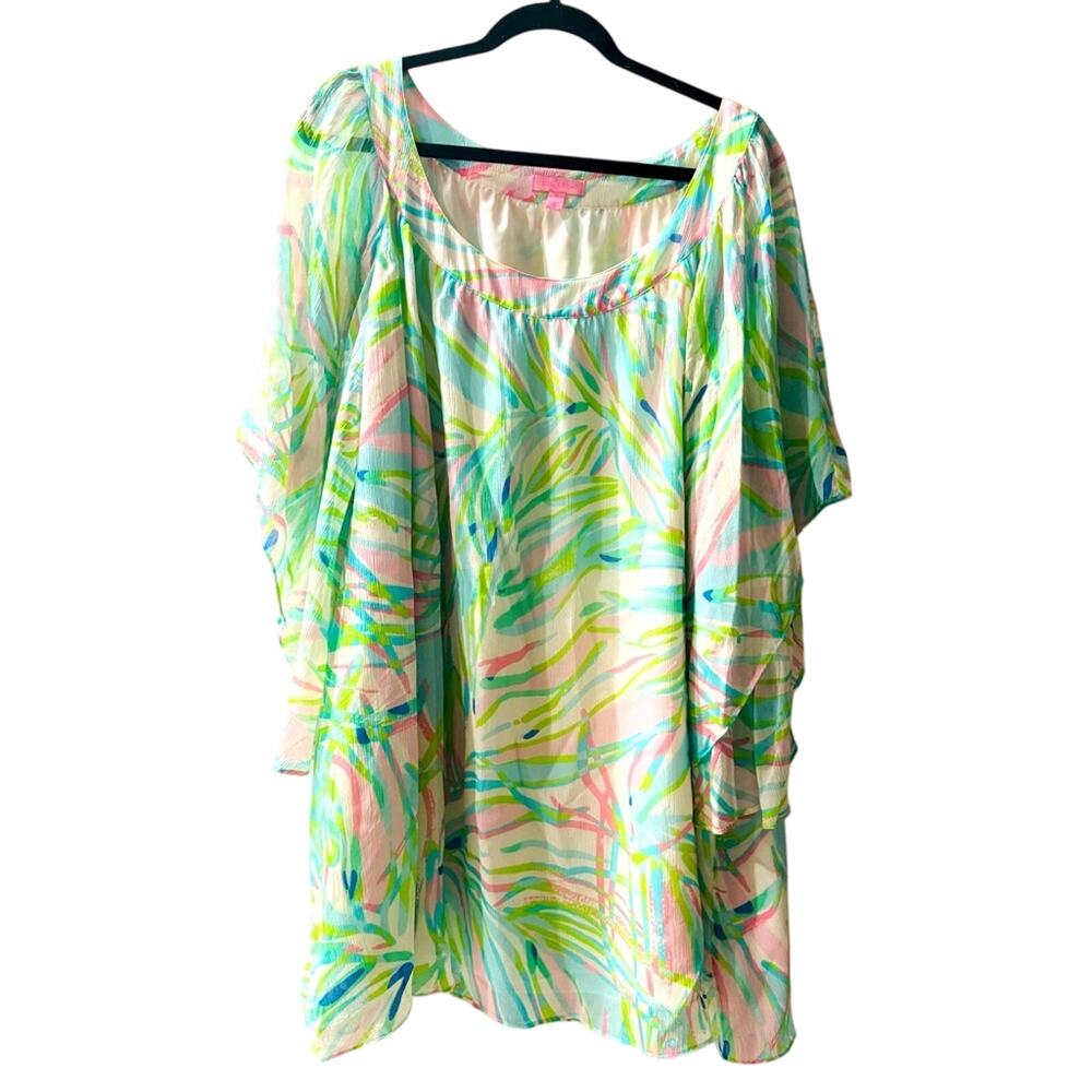 Lilly Pulitzer 100% Silk Pastel Tropical Print Oversize Tunic Dress M Coastal